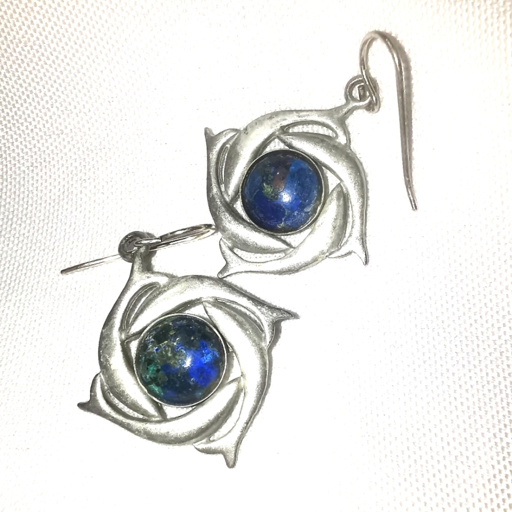 Handcrafted Lapis Lazuli Silver Dolphin Drop Earrings